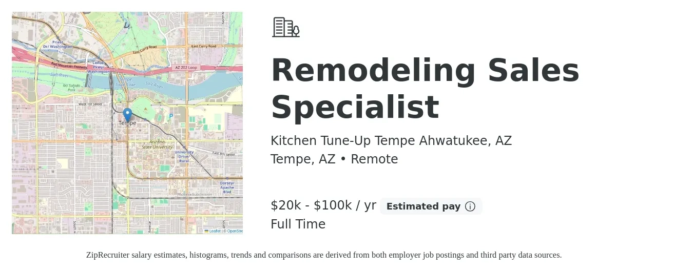 Kitchen Tune-Up Tempe Ahwatukee, AZ job posting for a Remodeling Sales Specialist in Tempe, AZ with a salary of $20,000 to $100,000 Yearly with a map of Tempe location.