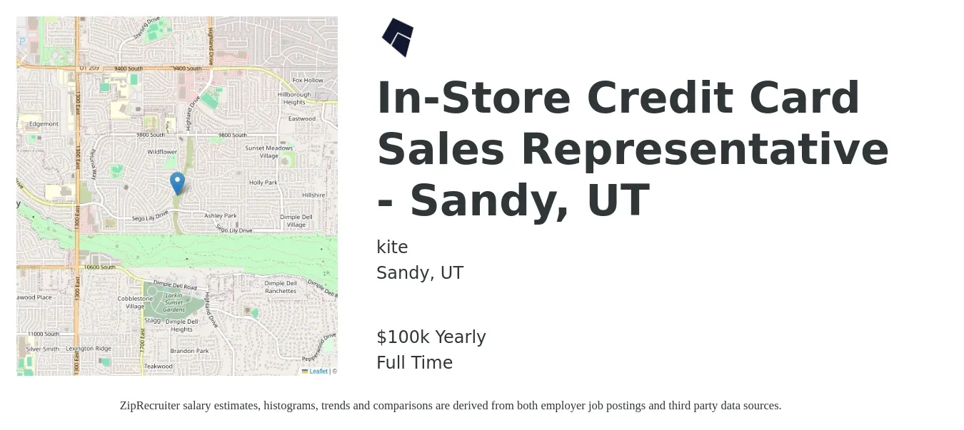 kite job posting for a In-Store Credit Card Sales Representative - Sandy, UT in Sandy, UT with a salary of $100,000 Yearly with a map of Sandy location.