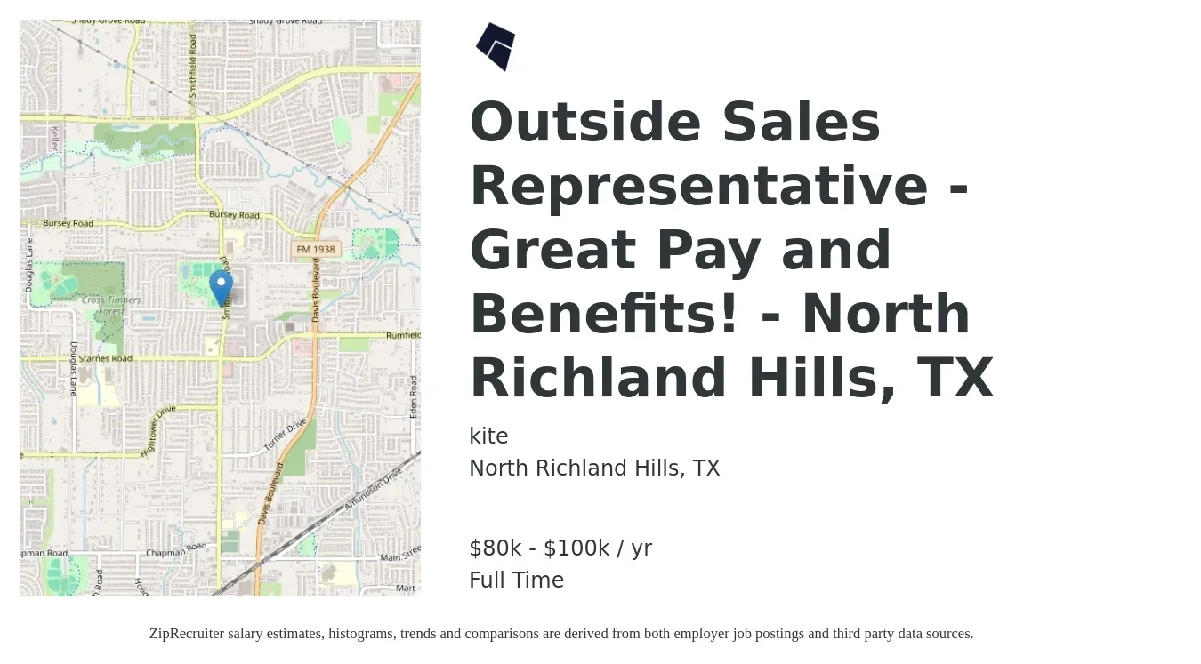 kite job posting for a Outside Sales Representative - Great Pay and Benefits! - North Richland Hills, TX in North Richland Hills, TX with a salary of $80,000 to $100,000 Yearly with a map of North Richland Hills location.