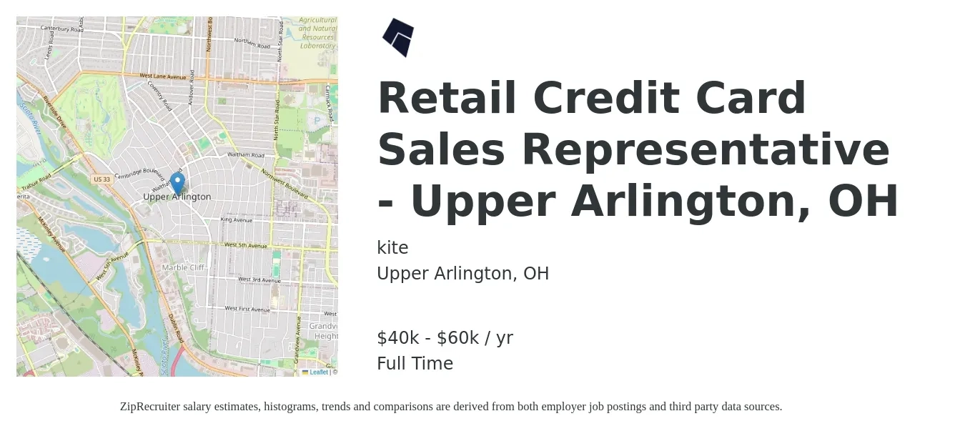 kite job posting for a Retail Credit Card Sales Representative - Upper Arlington, OH in Upper Arlington, OH with a salary of $40,000 to $60,000 Yearly with a map of Upper Arlington location.