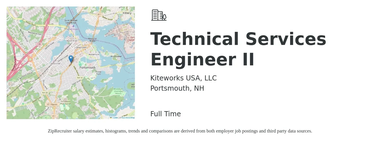 Kiteworks USA, LLC job posting for a Technical Services Engineer II in Portsmouth, NH with a salary of $75,000 to $85,000 Yearly with a map of Portsmouth location.