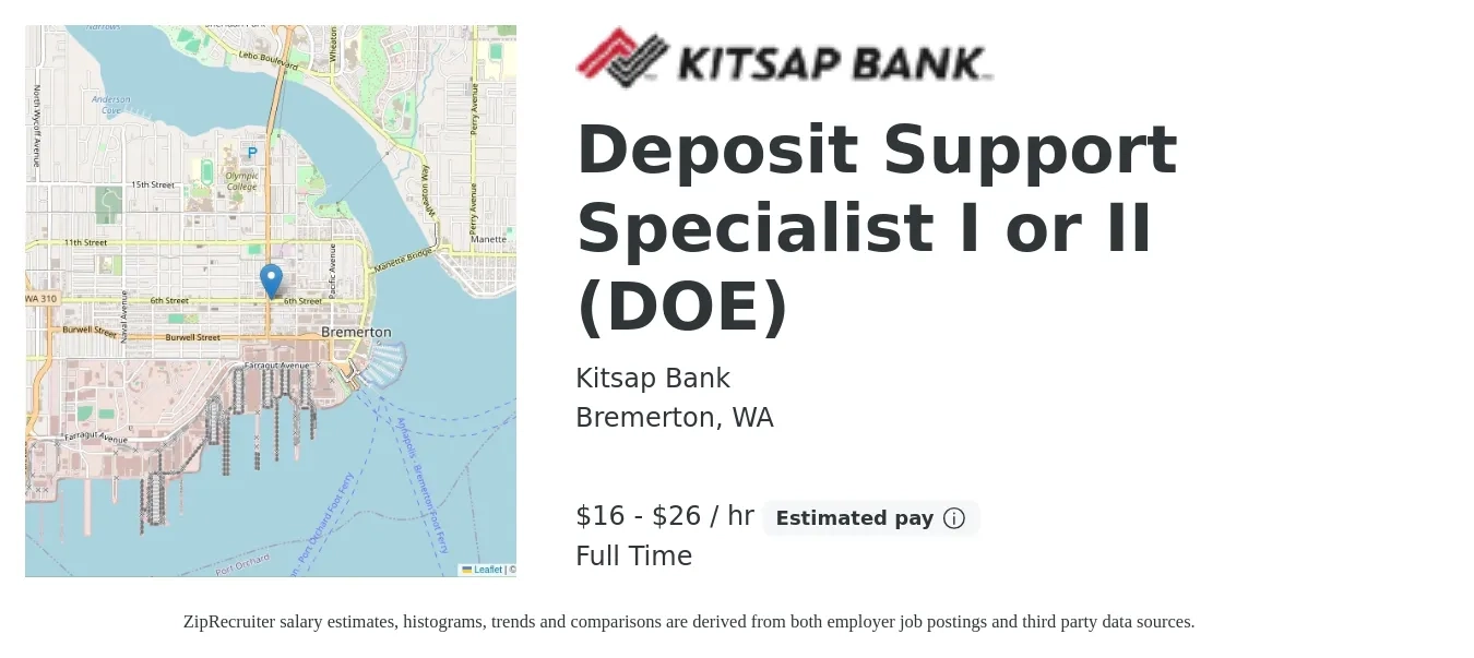 Kitsap Bank job posting for a Deposit Support Specialist I or II (DOE) in Bremerton, WA with a salary of $18 to $28 Hourly with a map of Bremerton location.