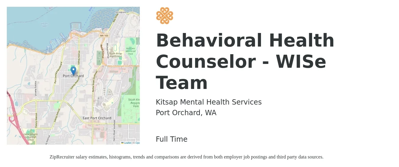 Kitsap Mental Health Services job posting for a Behavioral Health Counselor - WISe Team in Port Orchard, WA with a salary of $50,400 to $71,300 Yearly with a map of Port Orchard location.