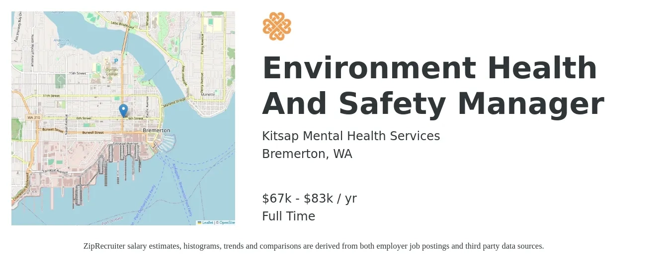 Kitsap Mental Health Services job posting for a Environment Health And Safety Manager in Bremerton, WA with a salary of $67,662 to $83,346 Yearly with a map of Bremerton location.
