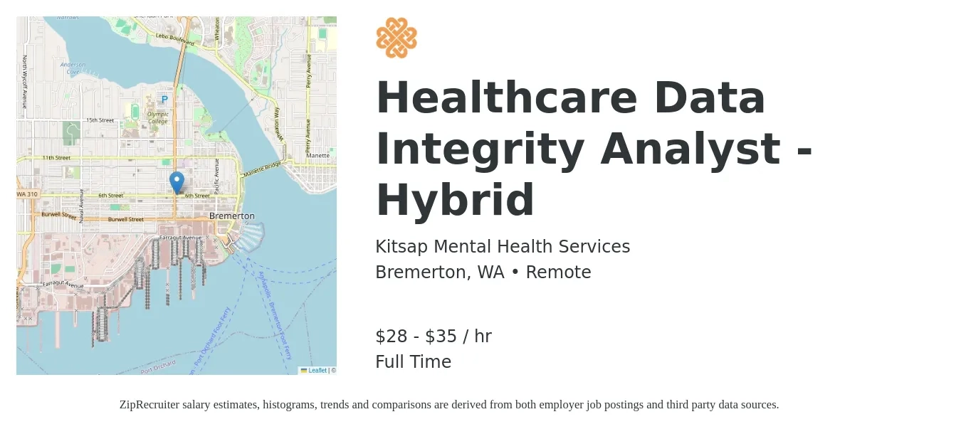 Kitsap Mental Health Services job posting for a Healthcare Data Integrity Analyst - Hybrid in Bremerton, WA with a salary of $30 to $37 Hourly with a map of Bremerton location.