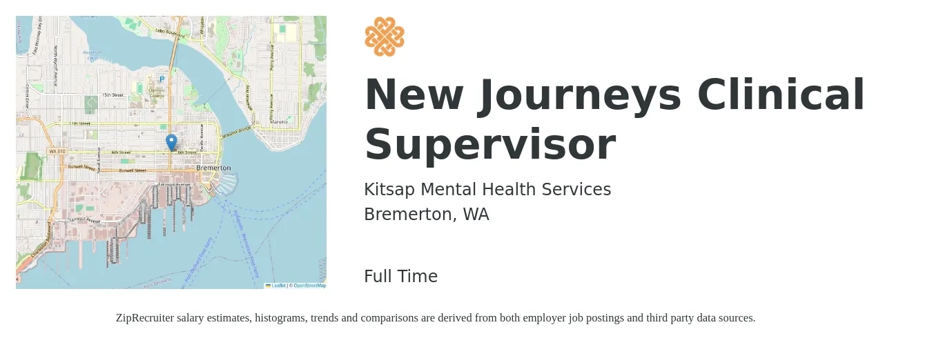 Kitsap Mental Health Services job posting for a New Journeys Clinical Supervisor in Bremerton, WA with a salary of $67,300 to $93,100 Yearly with a map of Bremerton location.