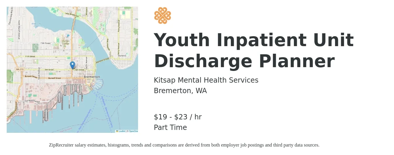 Kitsap Mental Health Services job posting for a Youth Inpatient Unit Discharge Planner in Bremerton, WA with a salary of $20 to $25 Hourly with a map of Bremerton location.