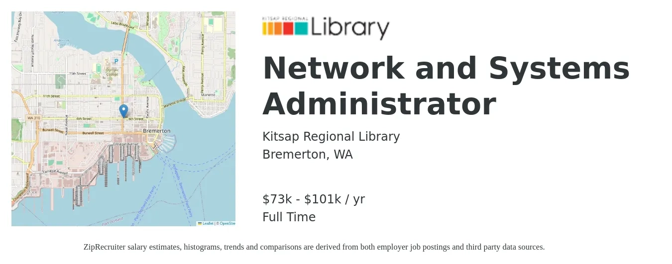 Kitsap Regional Library job posting for a Network and Systems Administrator in Bremerton, WA with a salary of $35 to $49 Hourly with a map of Bremerton location.