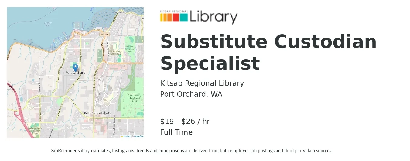 Kitsap Regional Library job posting for a Substitute Custodian Specialist in Port Orchard, WA with a salary of $20 to $28 Hourly with a map of Port Orchard location.