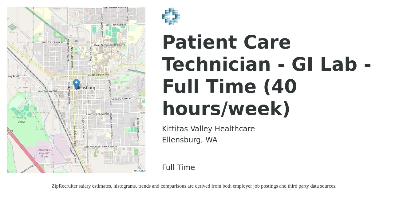 Kittitas Valley Healthcare job posting for a Patient Care Technician - GI Lab - Full Time (40 hours/week) in Ellensburg, WA with a salary of $29 Hourly with a map of Ellensburg location.