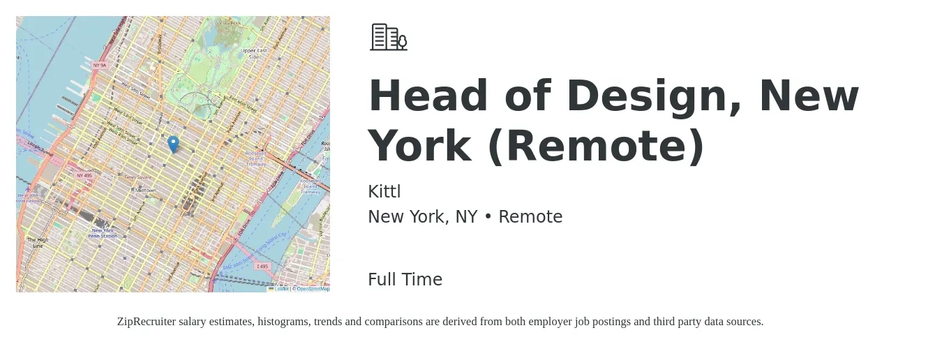 Kittl job posting for a Head of Design, New York (Remote) in New York, NY with a salary of $169,600 to $208,400 Yearly with a map of New York location.