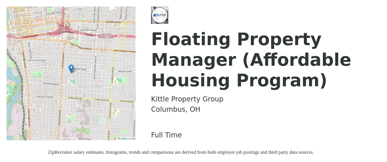 Kittle Property Group job posting for a Floating Property Manager (Affordable Housing Program) in Columbus, OH with a salary of $42,500 to $65,700 Yearly with a map of Columbus location.