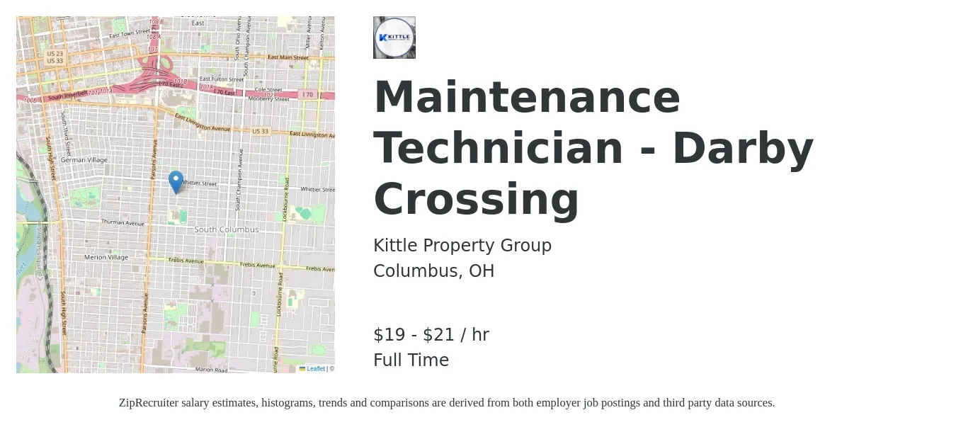 Kittle Property Group job posting for a Maintenance Technician - Darby Crossing in Columbus, OH with a salary of $22 Hourly with a map of Columbus location.