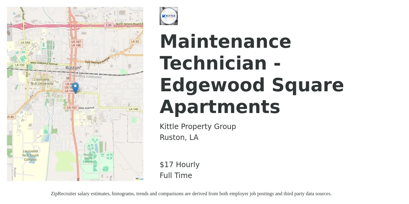 Kittle Property Group job posting for a Maintenance Technician - Edgewood Square Apartments in Ruston, LA with a salary of $18 Hourly with a map of Ruston location.