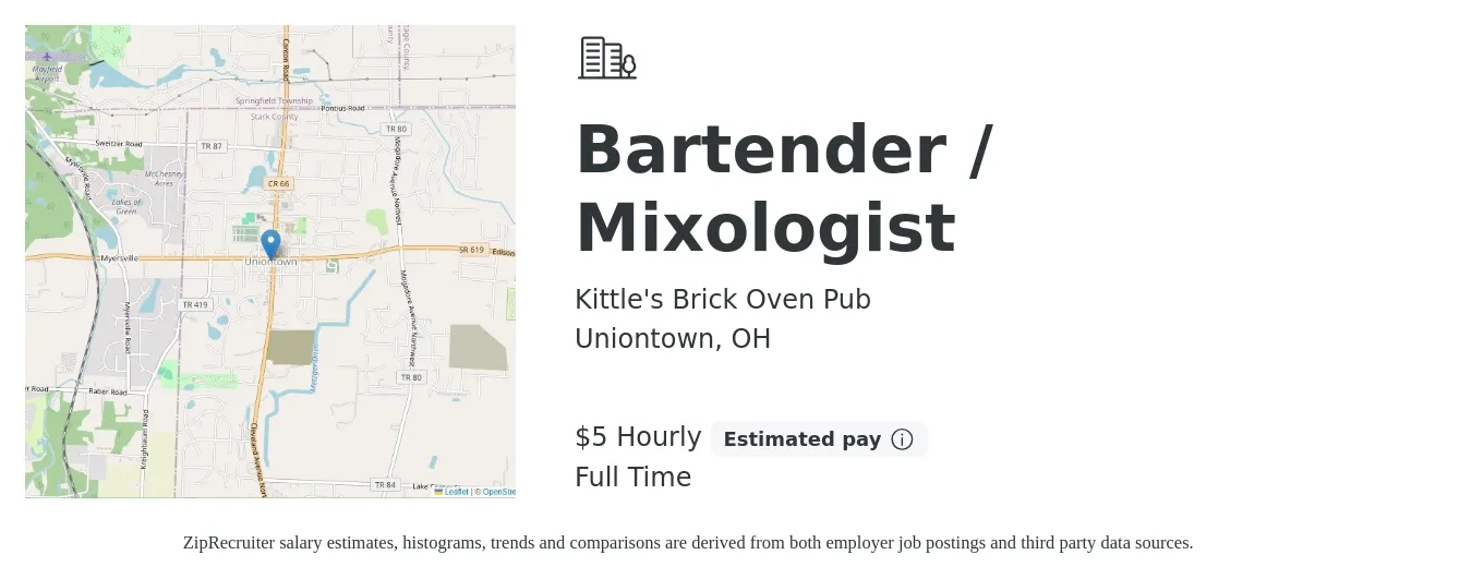Kittle's Brick Oven Pub LLC job posting for a Bartender / Mixologist in Uniontown, OH with a salary of $5 Hourly with a map of Uniontown location.