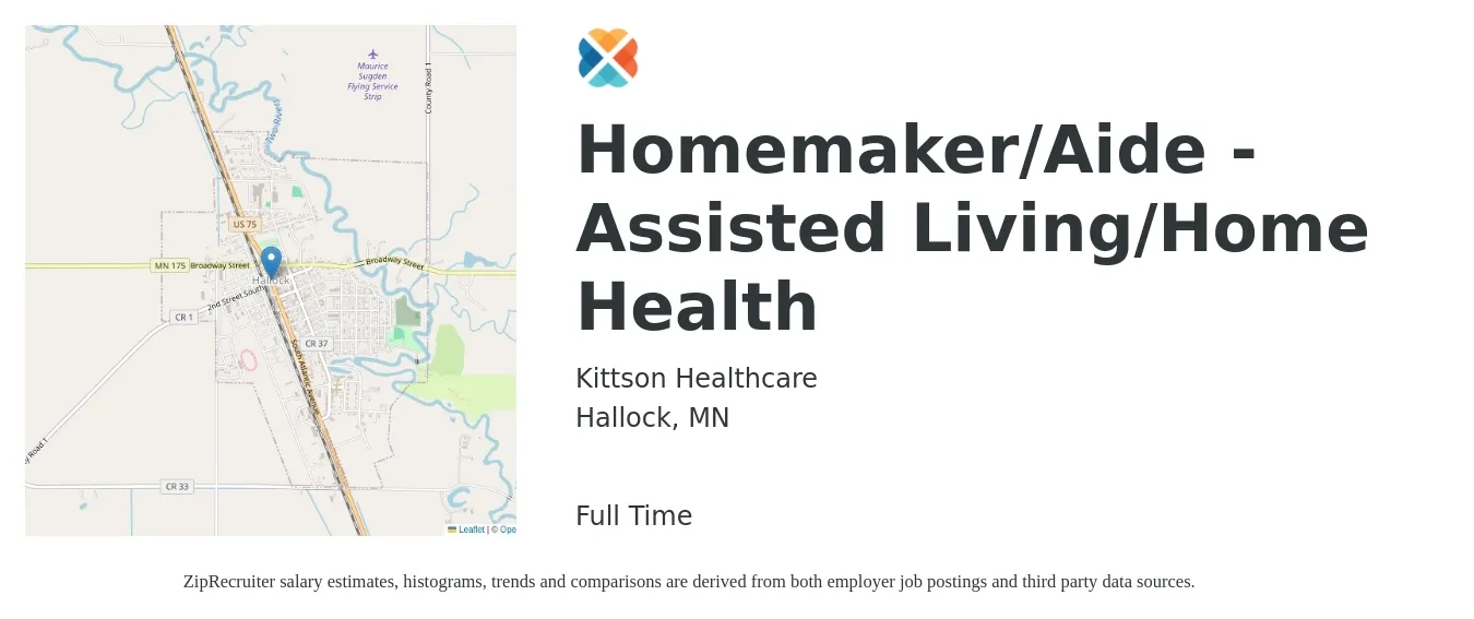 Kittson Healthcare job posting for a Homemaker/Aide - Assisted Living/Home Health in Hallock, MN with a salary of $14 to $18 Hourly with a map of Hallock location.