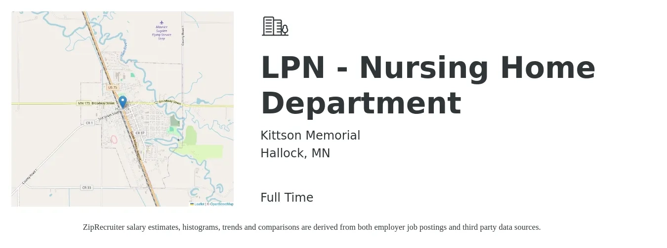 Kittson Memorial job posting for a LPN - Nursing Home Department in Hallock, MN with a salary of $25 to $34 Hourly with a map of Hallock location.