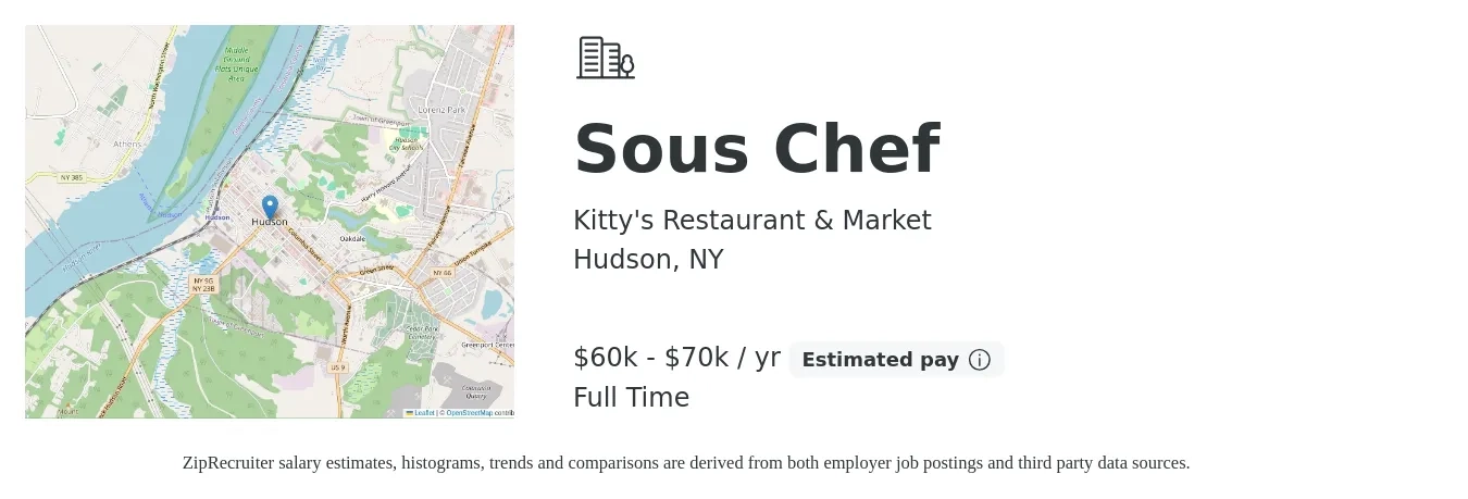 Kitty's Restaurant & Market job posting for a Sous Chef in Hudson, NY with a salary of $60,000 to $70,000 Yearly with a map of Hudson location.