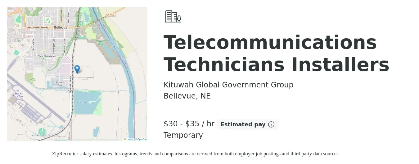 Kituwah Global Government Group job posting for a Telecommunications Technicians Installers in Bellevue, NE with a salary of $32 to $37 Hourly with a map of Bellevue location.
