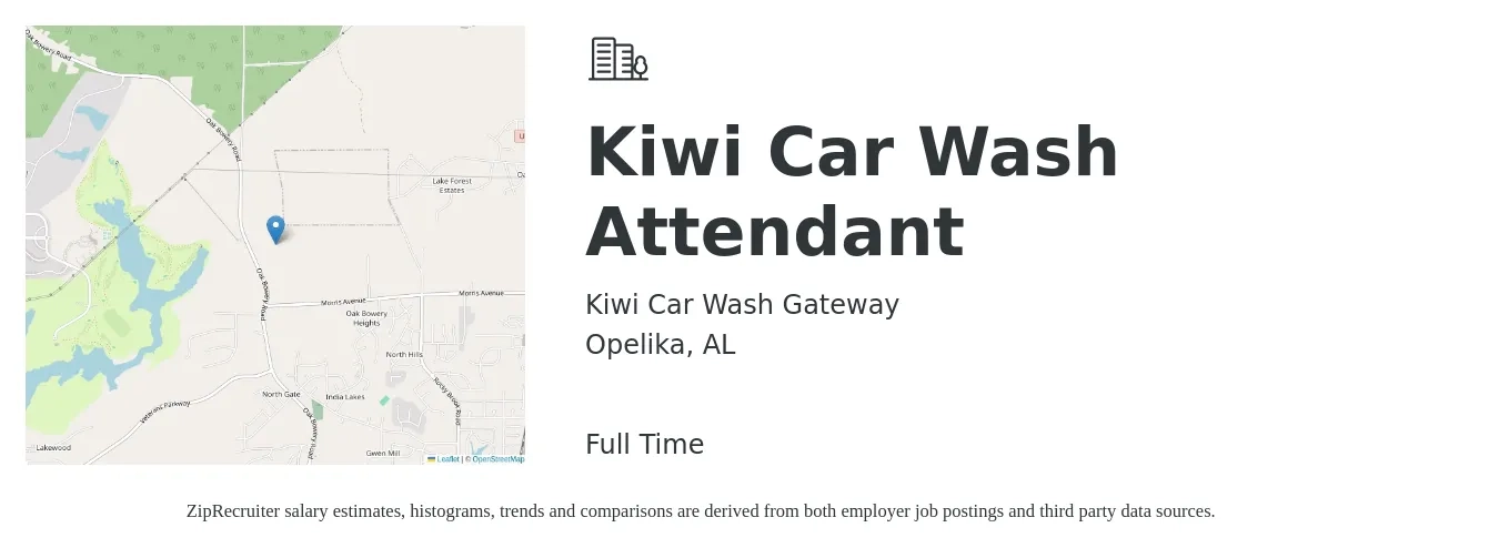 Kiwi Car Wash Gateway job posting for a Kiwi Car Wash Attendant in Opelika, AL with a salary of $12 to $14 Hourly with a map of Opelika location.