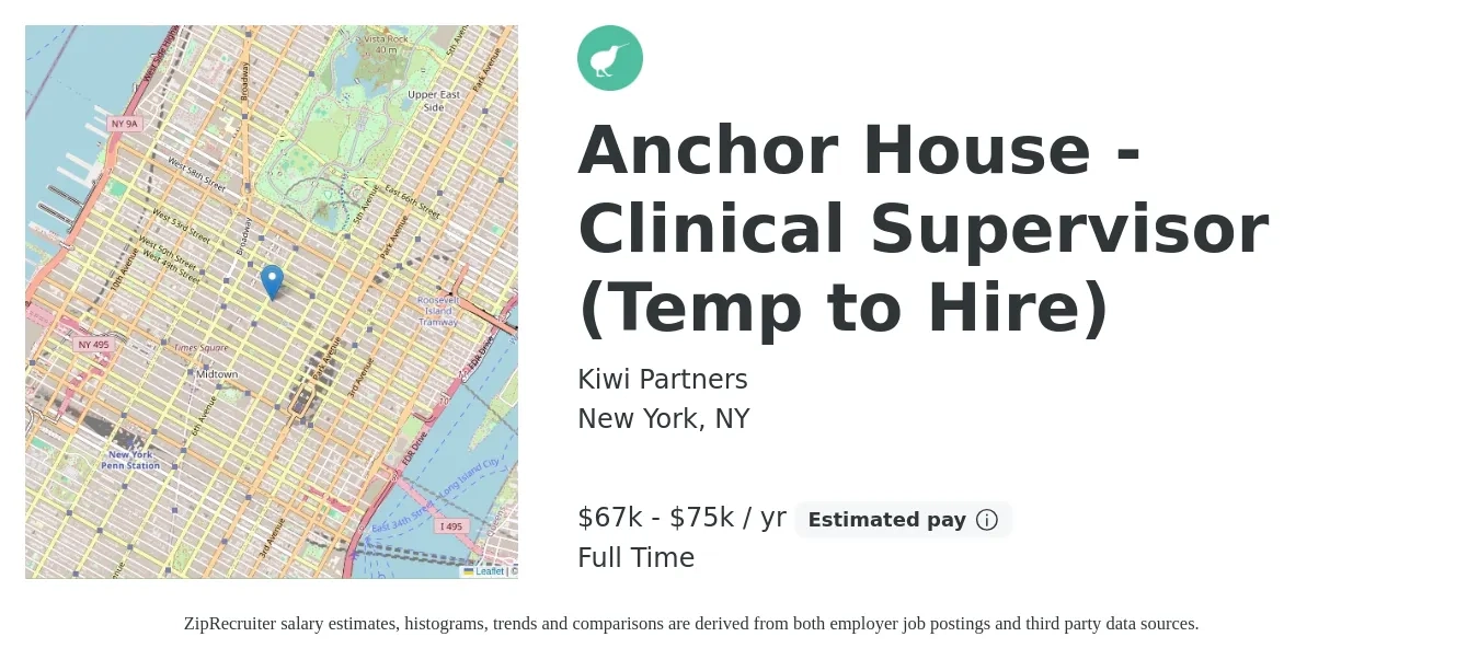 Kiwi Partners job posting for a Anchor House - Clinical Supervisor (Temp to Hire) in New York, NY with a salary of $67,000 to $75,000 Yearly with a map of New York location.