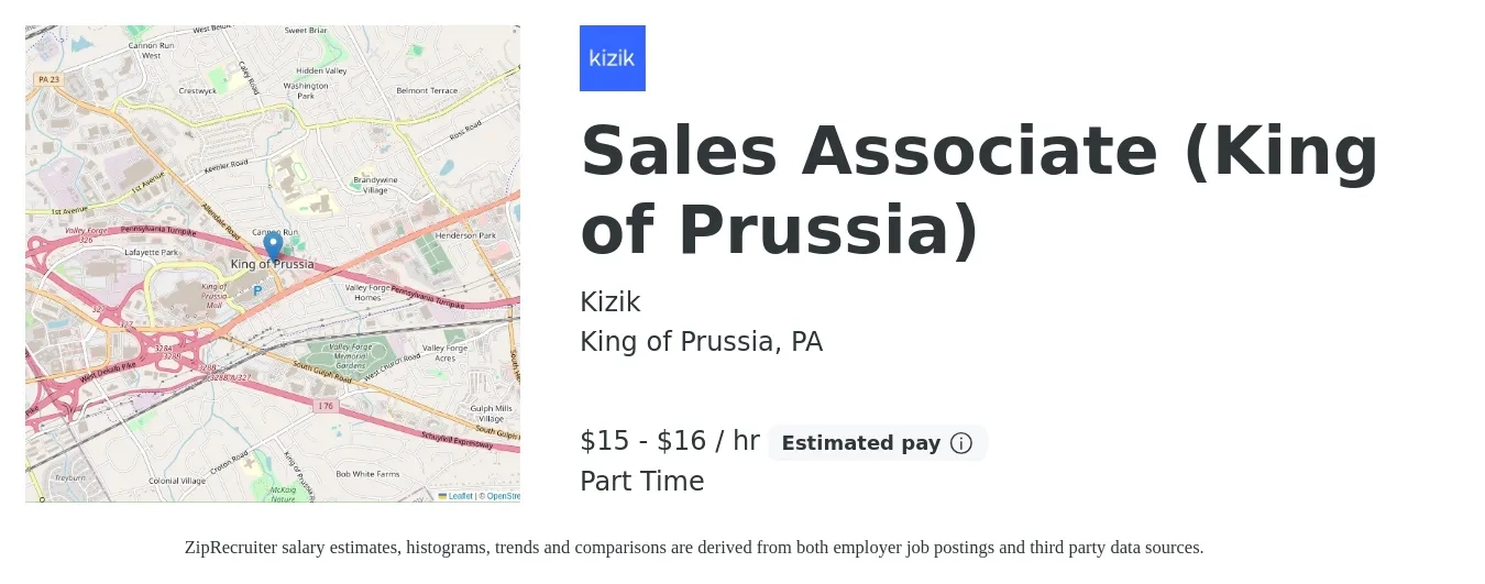 Kizik job posting for a Sales Associate (King of Prussia) in King of Prussia, PA with a salary of $16 to $17 Hourly with a map of King of Prussia location.