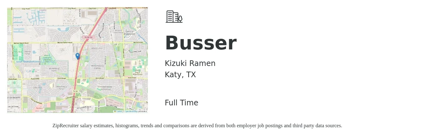 Kizuki Ramen job posting for a Busser in Katy, TX with a salary of $9 to $14 Hourly with a map of Katy location.