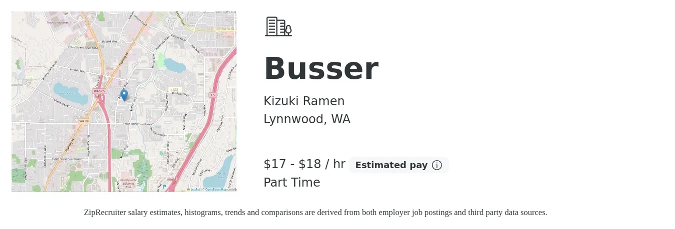Kizuki Ramen job posting for a Busser in Lynnwood, WA with a salary of $18 to $19 Hourly with a map of Lynnwood location.