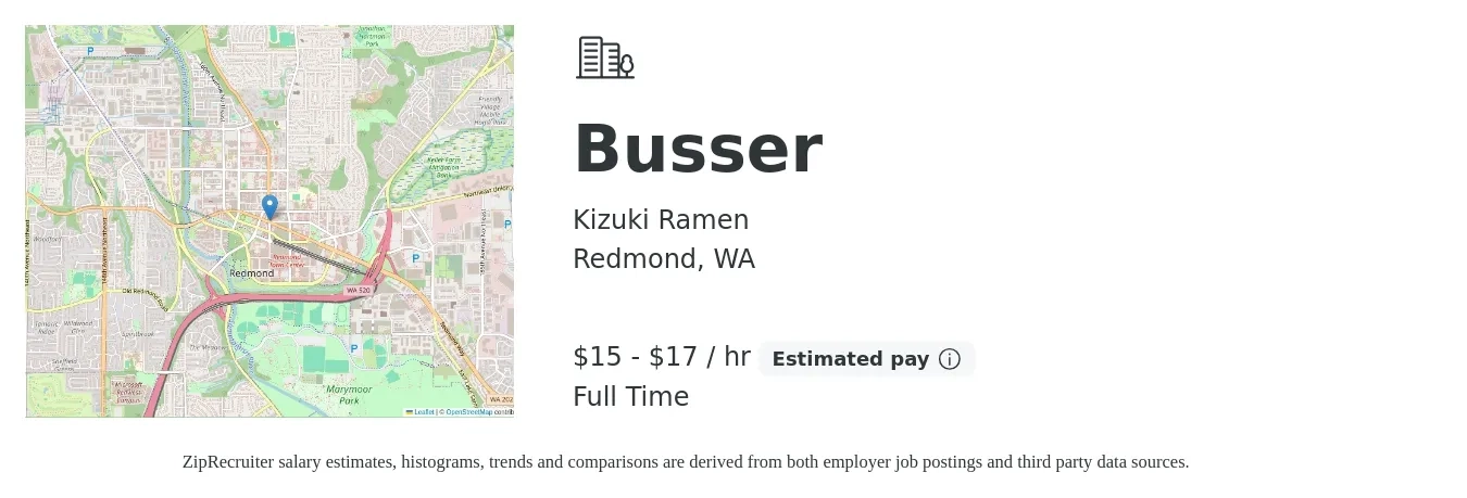 Kizuki Ramen job posting for a Busser in Redmond, WA with a salary of $16 to $18 Hourly with a map of Redmond location.
