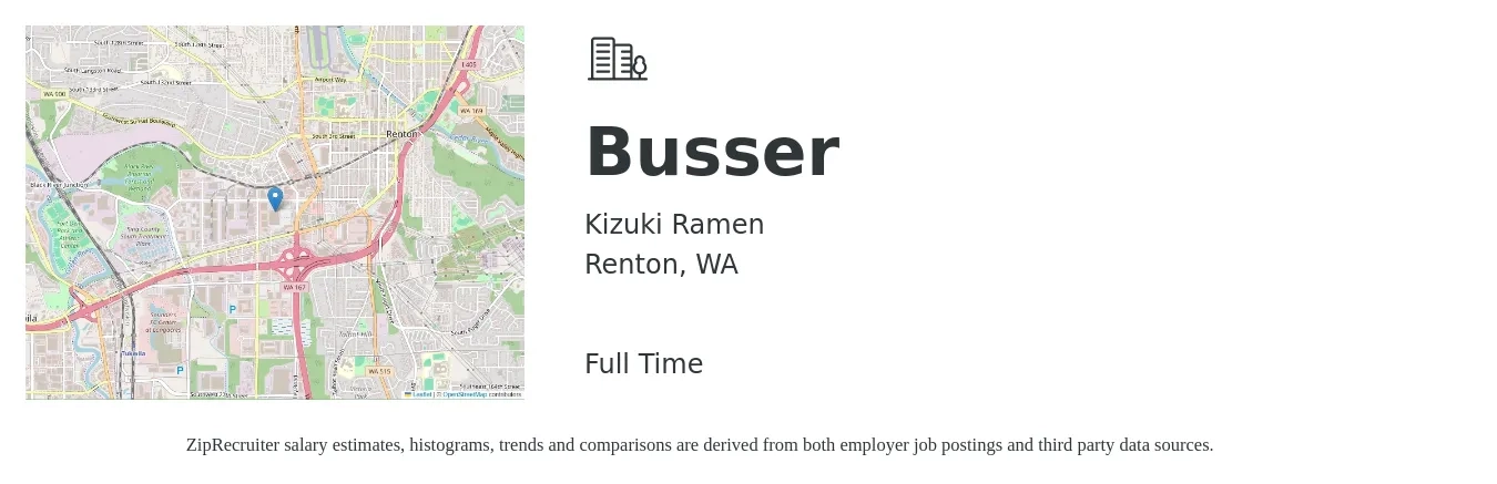 Kizuki Ramen job posting for a Busser in Renton, WA with a salary of $12 to $18 Hourly with a map of Renton location.