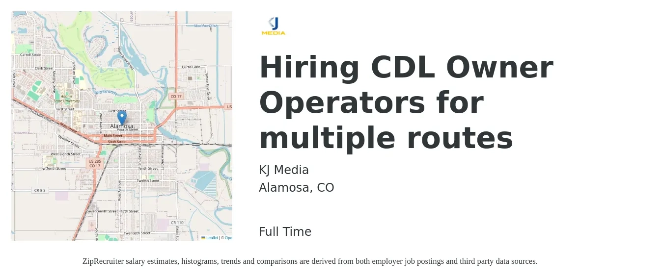 KJ Media job posting for a Hiring CDL Owner Operators for multiple routes. in Alamosa, CO with a salary of $5,000 to $7,000 Weekly with a map of Alamosa location.