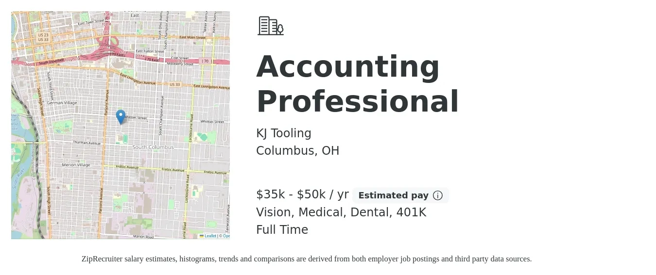 KJ Tooling job posting for a Accounting Professional in Columbus, OH with a salary of $35,000 to $50,000 Yearly and benefits including medical, vision, 401k, dental, and life_insurance with a map of Columbus location.