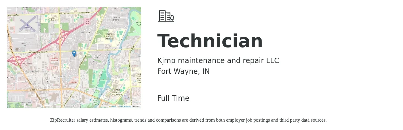 Kjmp maintenance and repair LLC job posting for a Technician in Fort Wayne, IN with a salary of $650 to $1,200 Weekly with a map of Fort Wayne location.