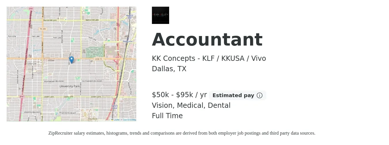 KK Concepts - KLF / KKUSA / Vivo job posting for a Accountant in Dallas, TX with a salary of $50,000 to $95,000 Yearly and benefits including dental, medical, and vision with a map of Dallas location.