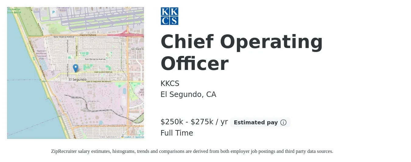 KKCS job posting for a Chief Operating Officer in El Segundo, CA with a salary of $250,000 to $275,000 Yearly with a map of El Segundo location.