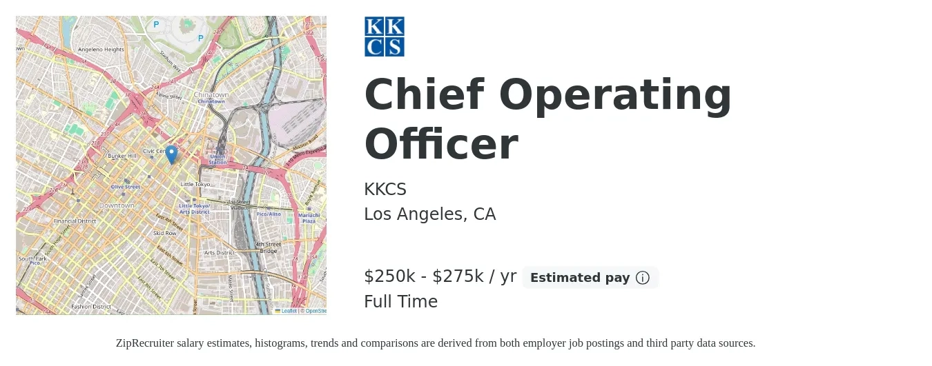 KKCS job posting for a Chief Operating Officer in Los Angeles, CA with a salary of $250,000 to $275,000 Yearly with a map of Los Angeles location.