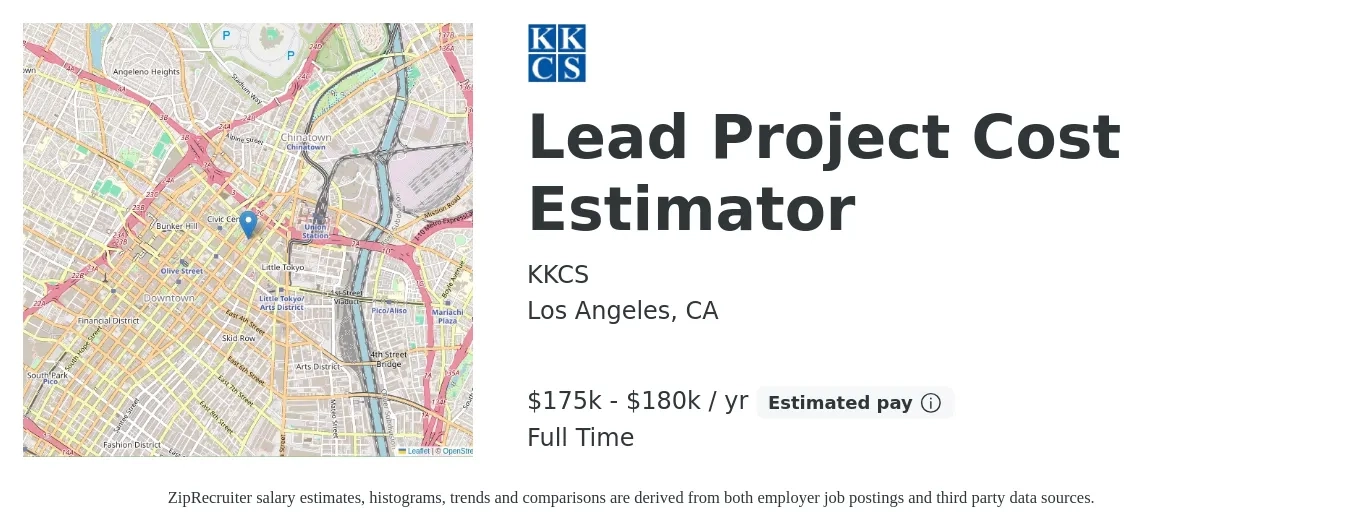 KKCS job posting for a Lead Project Cost Estimator in Los Angeles, CA with a salary of $175,900 to $180,900 Yearly with a map of Los Angeles location.