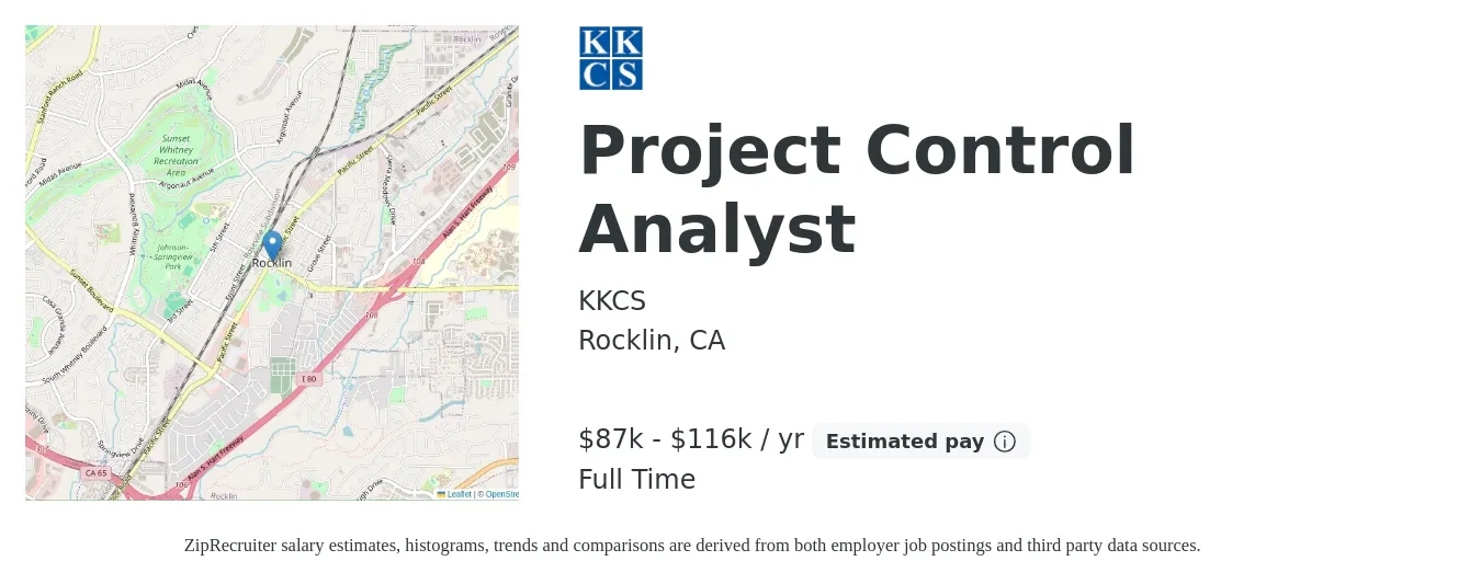 KKCS job posting for a Project Control Analyst in Rocklin, CA with a salary of $87,360 to $116,480 Yearly with a map of Rocklin location.