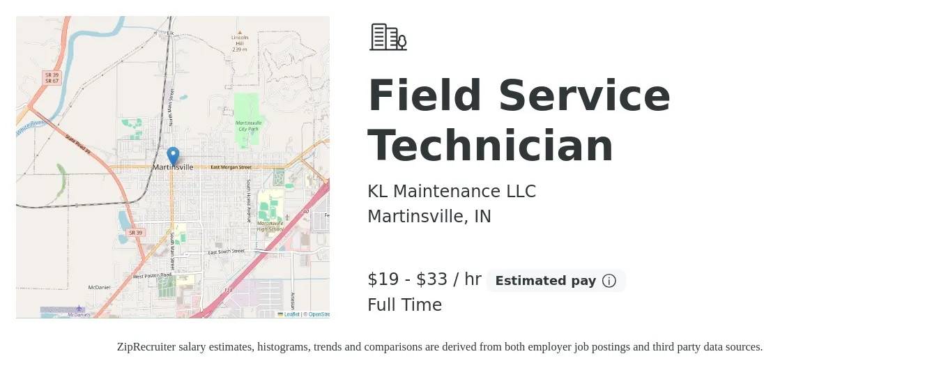 KL Maintenance LLC job posting for a Field Service Technician in Martinsville, IN with a salary of $20 to $35 Hourly with a map of Martinsville location.