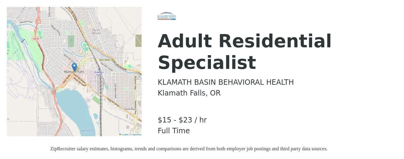 Klamath Basin Behavioral Health job posting for a Adult Residential Specialist in Klamath Falls, OR with a salary of $17 to $25 Hourly with a map of Klamath Falls location.