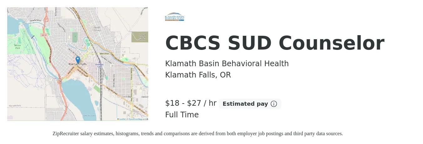 Klamath Basin Behavioral Health job posting for a CBCS SUD Counselor in Klamath Falls, OR with a salary of $19 to $28 Hourly with a map of Klamath Falls location.