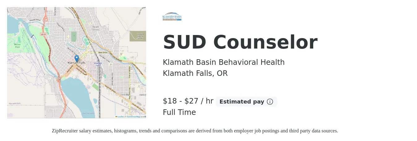 Klamath Basin Behavioral Health job posting for a SUD Counselor in Klamath Falls, OR with a salary of $19 to $28 Hourly with a map of Klamath Falls location.