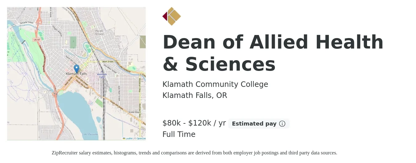 Klamath Community College job posting for a Dean of Allied Health & Sciences in Klamath Falls, OR with a salary of $80,000 to $120,000 Yearly with a map of Klamath Falls location.