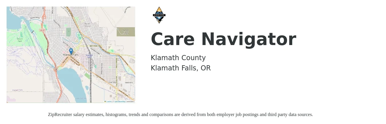 Klamath County job posting for a Care Navigator in Klamath Falls, OR with a salary of $27 to $35 Hourly with a map of Klamath Falls location.