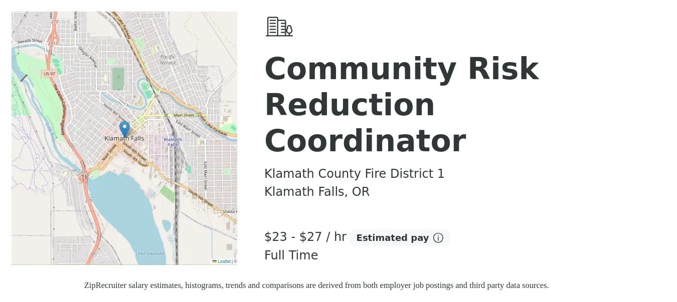 Klamath County Fire District 1 job posting for a Community Risk Reduction Coordinator in Klamath Falls, OR with a salary of $24 to $28 Hourly with a map of Klamath Falls location.