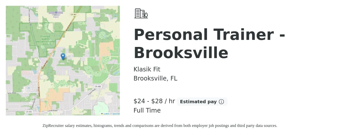 Klasik Fit job posting for a Personal Trainer - Brooksville in Brooksville, FL with a salary of $25 to $30 Hourly with a map of Brooksville location.