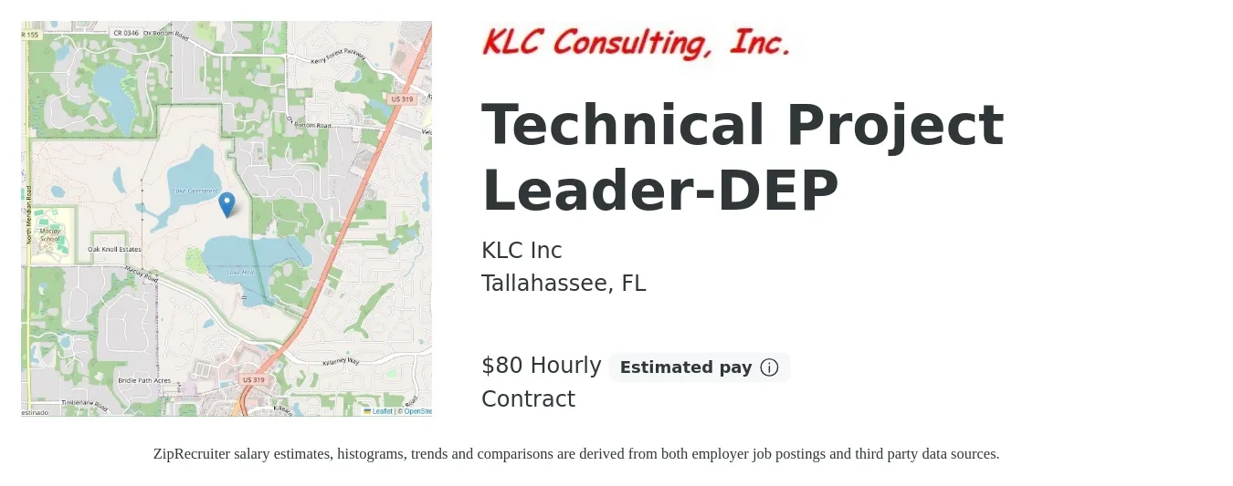 KLC Inc job posting for a Technical Project Leader-DEP in Tallahassee, FL with a salary of $84 Hourly with a map of Tallahassee location.