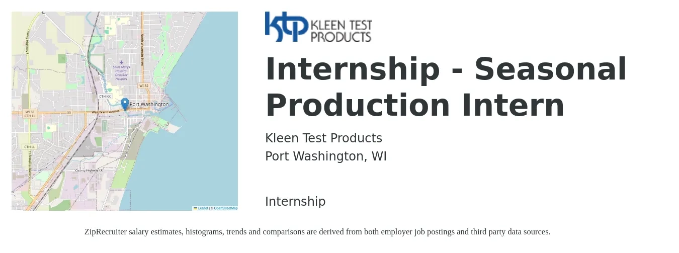 Kleen Test Products job posting for a Internship - Seasonal Production Intern in Port Washington, WI with a salary of $14 to $19 Hourly with a map of Port Washington location.
