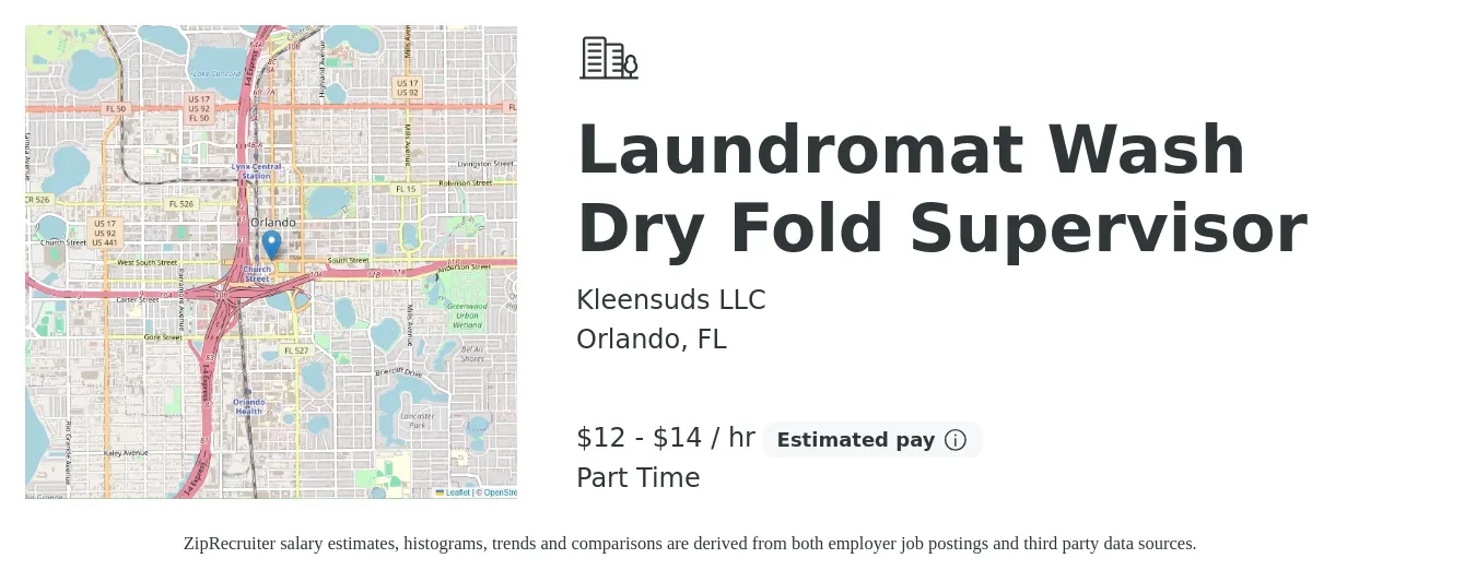 Kleensuds LLC job posting for a Laundromat Wash Dry Fold Supervisor in Orlando, FL with a salary of $13 to $15 Hourly with a map of Orlando location.