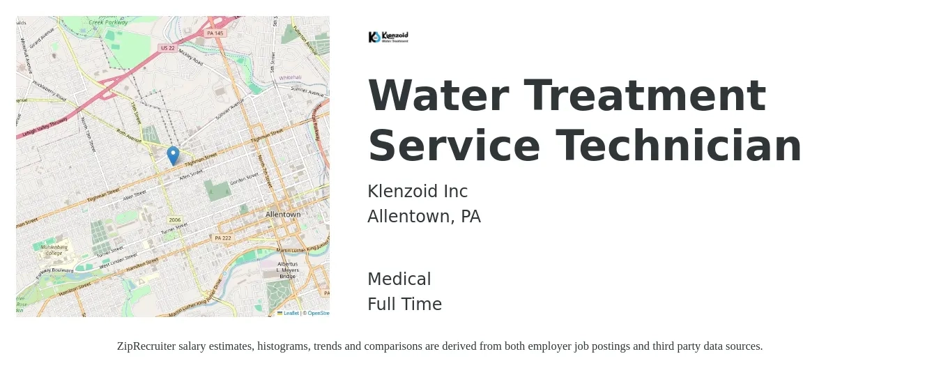 Klenzoid Inc job posting for a Water Treatment Service Technician in Allentown, PA with a salary of $20 to $29 Hourly and benefits including medical, pto, and retirement with a map of Allentown location.